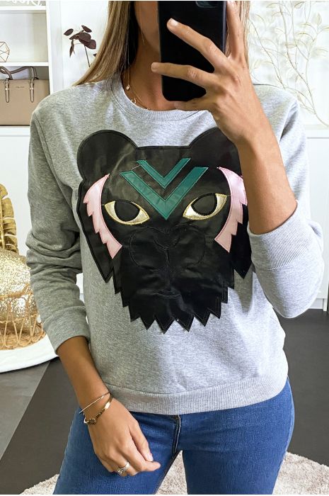 Sweat gris avec empiècement tigre en simili. - 2