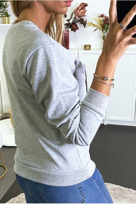 Sweat gris avec empiècement tigre en simili. - 3