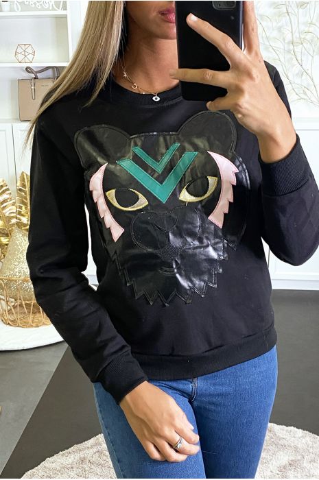 Sweat noir avec empiècement tigre en simili. - 1