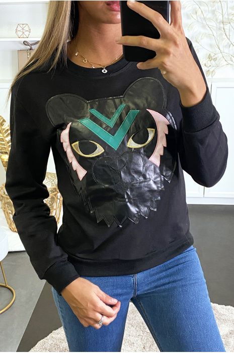 Sweat noir avec empiècement tigre en simili. - 2