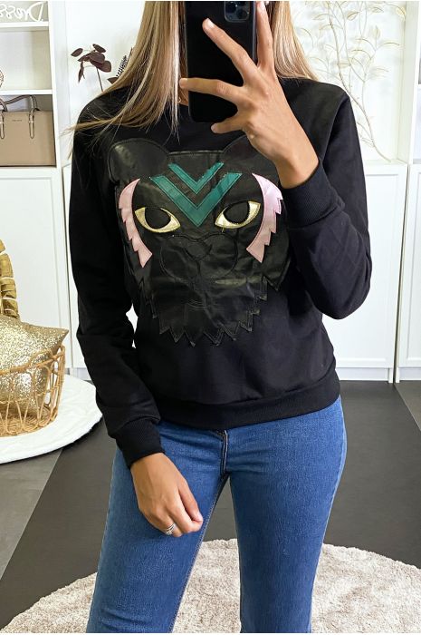 Sweat noir avec empiècement tigre en simili. - 3