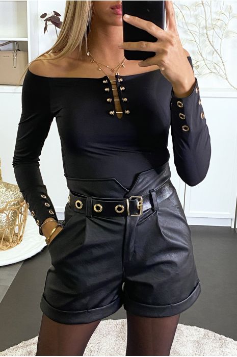Top noir col bardot à bijoux fantaisies et détails aux manches. - 1