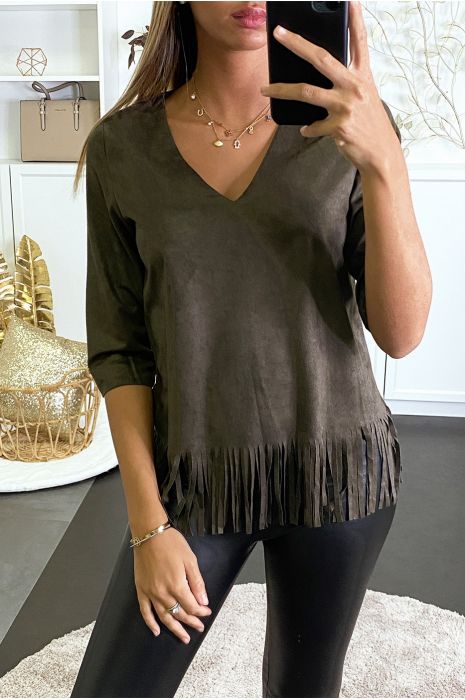 Top kaki en suédine à frange. - 1