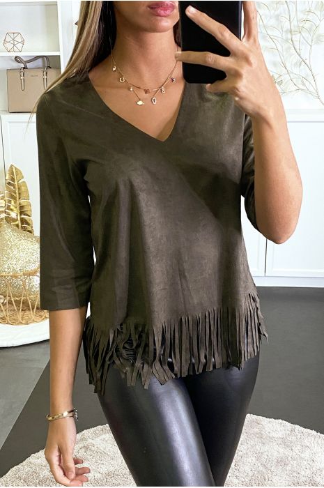 Top kaki en suédine à frange. - 3