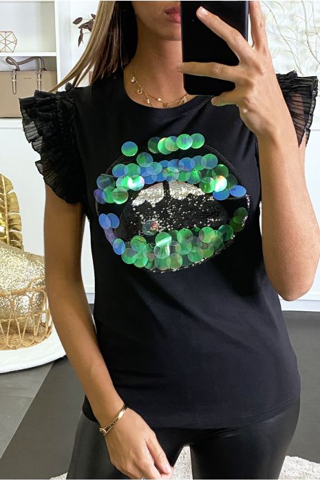 Top noir à froufrou aux manches et bouche en sequin. - 1