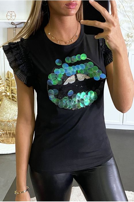 Top noir à froufrou aux manches et bouche en sequin. - 2
