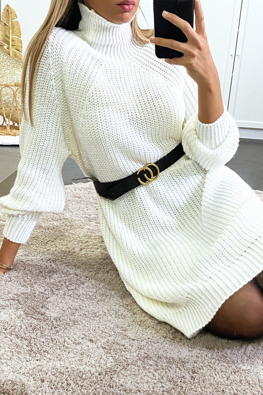 White sweater dress with braided knit and turtleneck. - 4