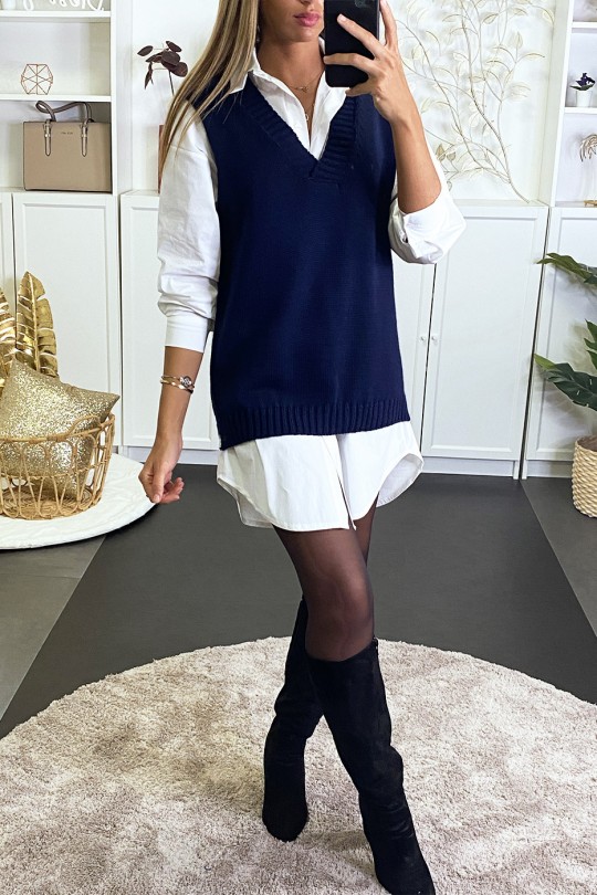 Sleeveless navy sweater in braided knit and v-neck - 1