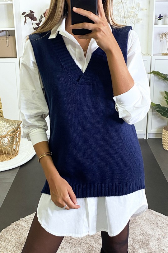 Sleeveless navy sweater in braided knit and v-neck - 2