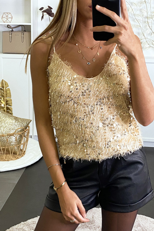 Gold Fluffy Long-haired Sparkly Tank Top - 1