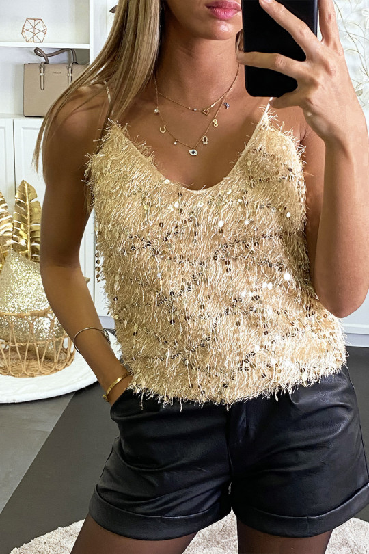 Gold Fluffy Long-haired Sparkly Tank Top - 3