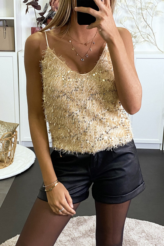 Gold Fluffy Long-haired Sparkly Tank Top - 4