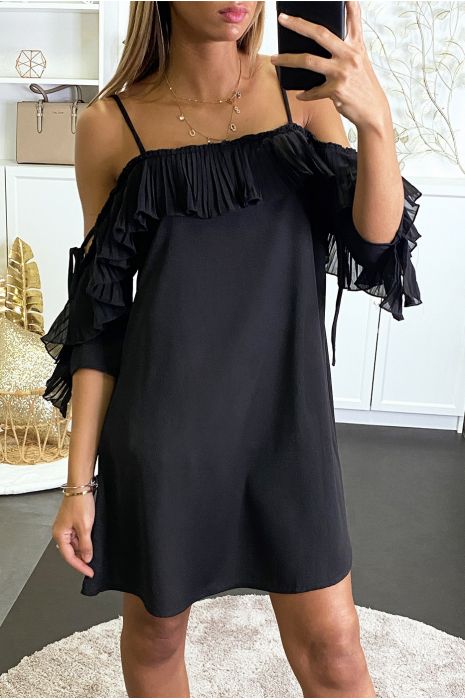 Robe noire fluide à col bardot et coupe trapèze - 2