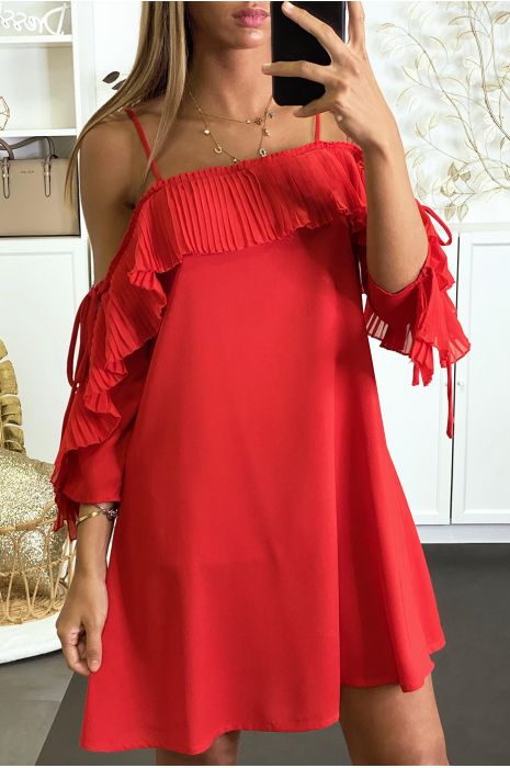 Robe rouge fluide à col bardot et coupe trapèze - 1