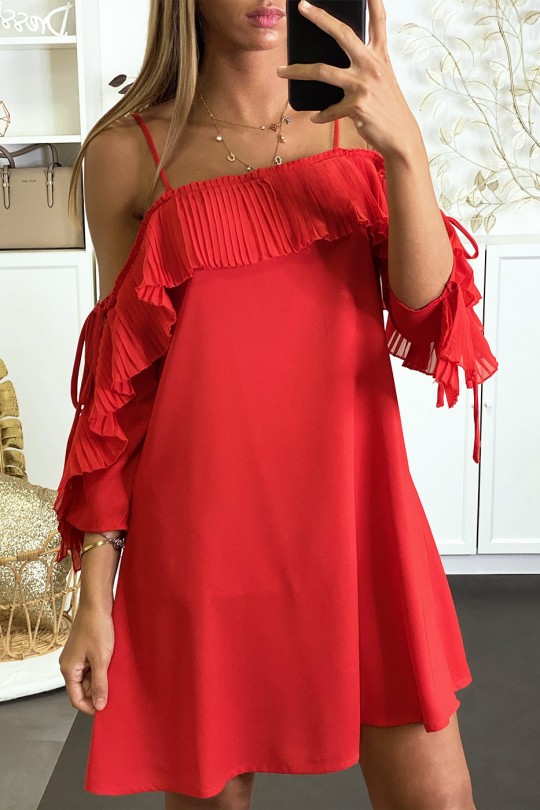Soepelvallende rode jurk met bardot hals en A-lijn snit - 1