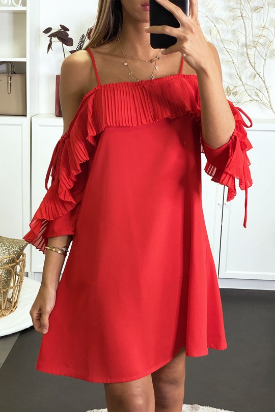 Soepelvallende rode jurk met bardot hals en A-lijn snit - 2