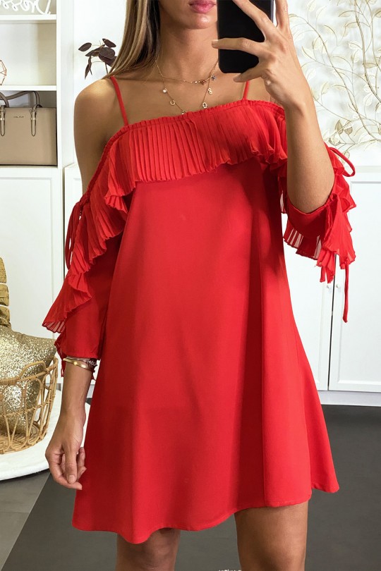 Soepelvallende rode jurk met bardot hals en A-lijn snit - 3