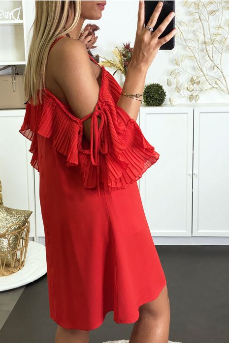 Fluid red dress with bardot neck and A-line cut - 4