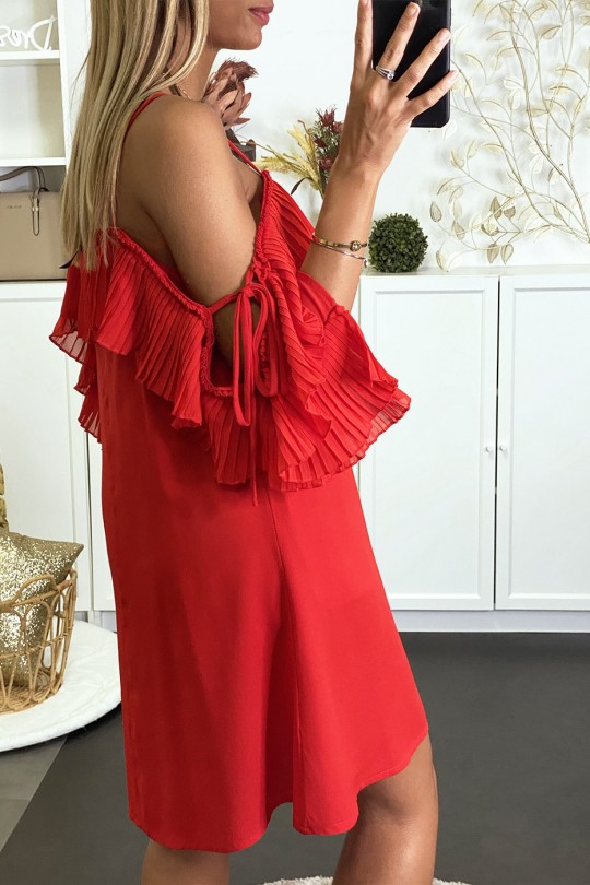 Soepelvallende rode jurk met bardot hals en A-lijn snit - 4