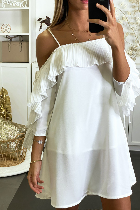 Soepelvallende witte jurk met bardot-halslijn en trapeze-snit - 1