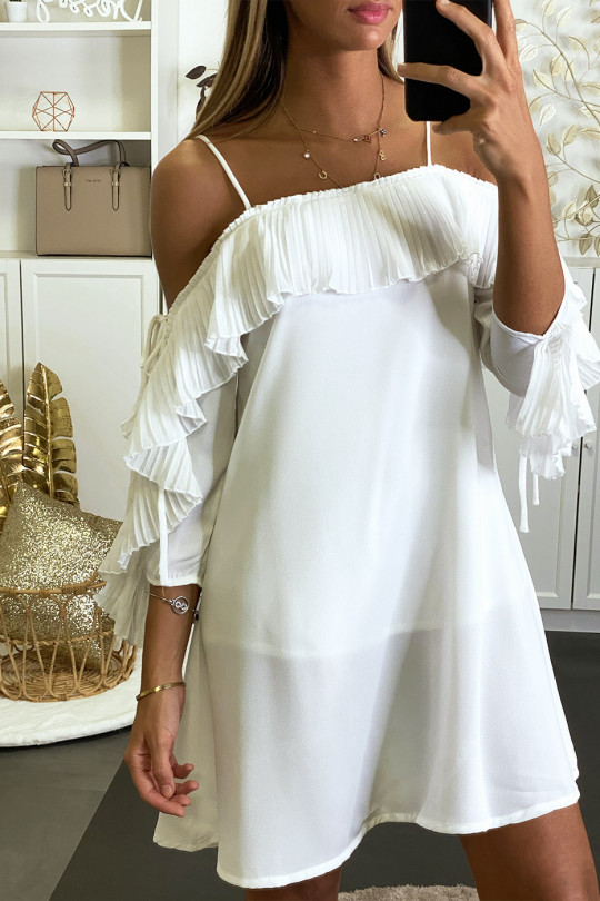 Soepelvallende witte jurk met bardot-halslijn en trapeze-snit - 2