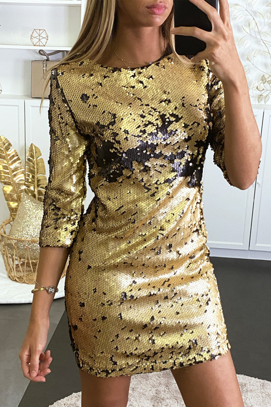 Robe cocktail dorée à sequin réversible et manche 3/4 - 3