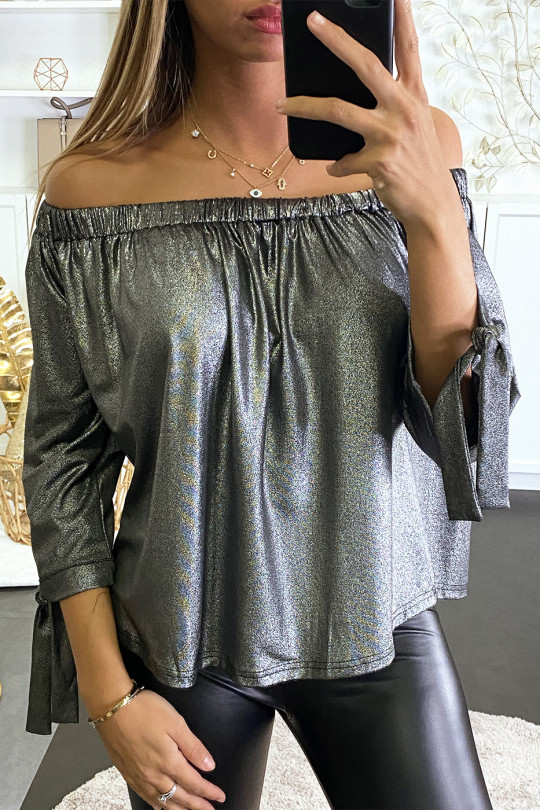 Glanzende zilveren elastische bardot blouse - 1
