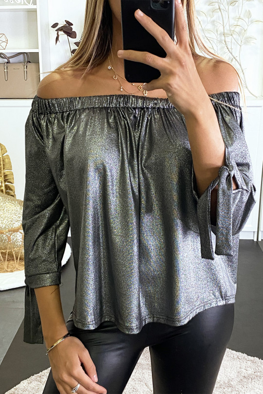 Glanzende zilveren elastische bardot blouse - 2