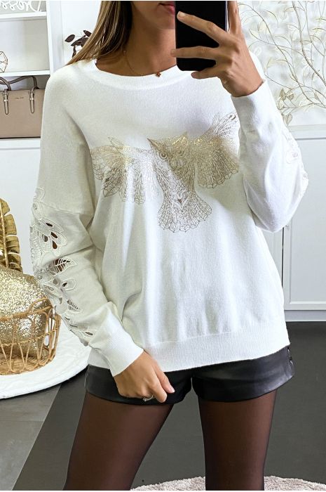 Pull blanc à manches en crochet et motif hibou doré - 1