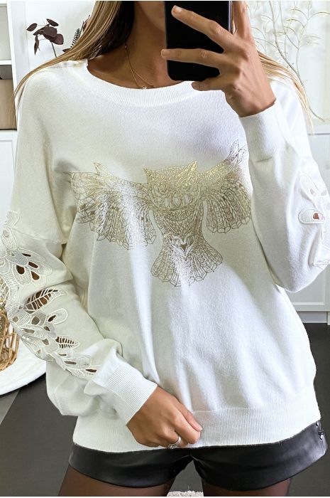 Pull blanc à manches en crochet et motif hibou doré - 3