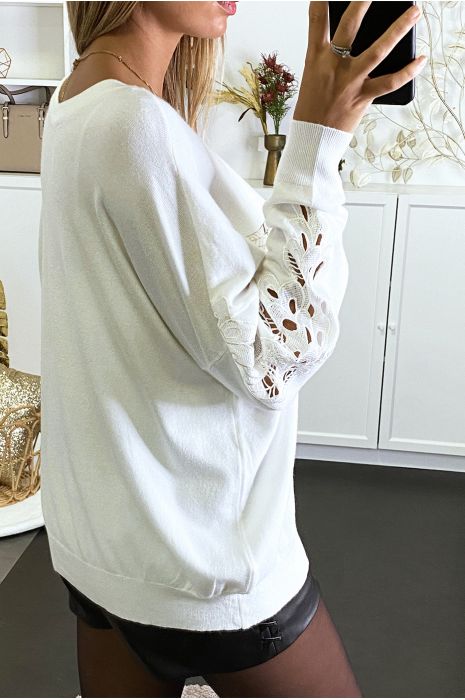 Pull blanc à manches en crochet et motif hibou doré - 4