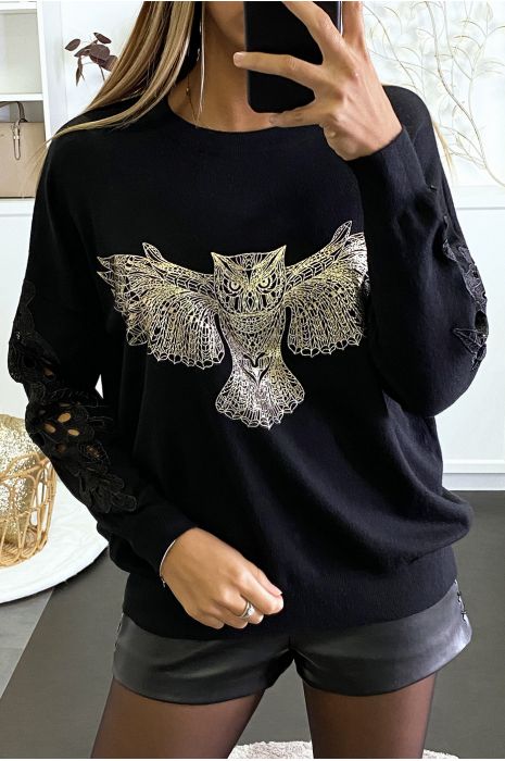 Pull noir à manches en crochet et motif hibou doré - 1