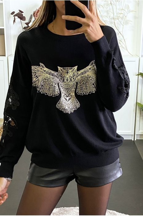 Pull noir à manches en crochet et motif hibou doré - 2