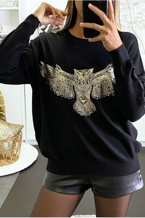 Pull noir à manches en crochet et motif hibou doré - 3