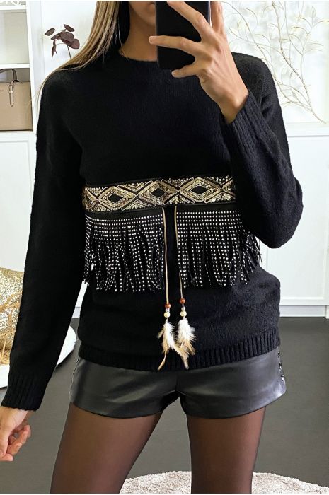 Pull noir très doux à à frange et plume style indien. - 1