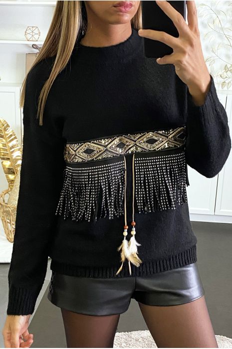 Pull noir très doux à à frange et plume style indien. - 3