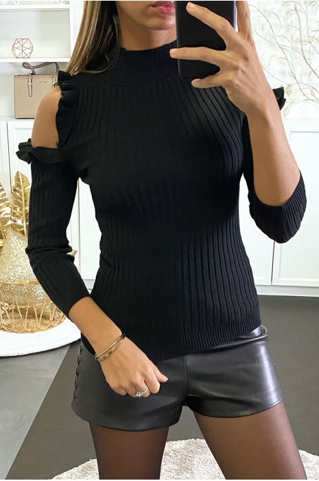 Pull noir côtelé à épaules dénudées et froufrou - 2