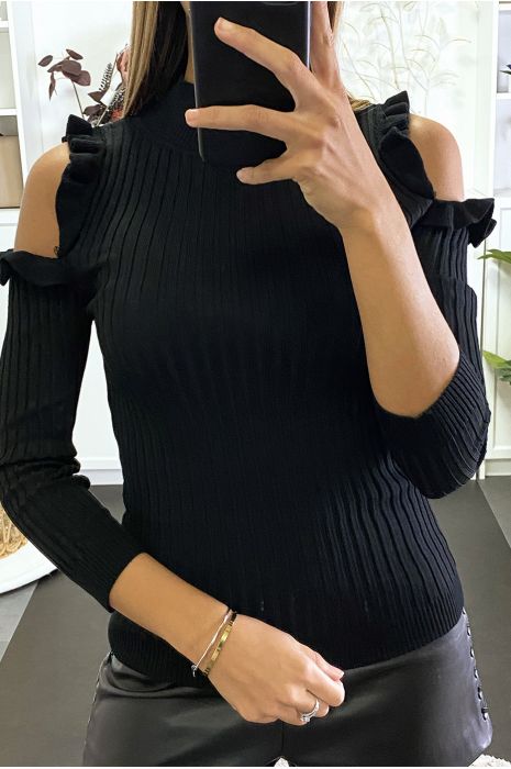 Pull noir côtelé à épaules dénudées et froufrou - 5