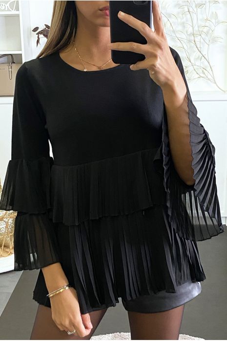 Pull noir bi matière à volant en voilage plissée - 1