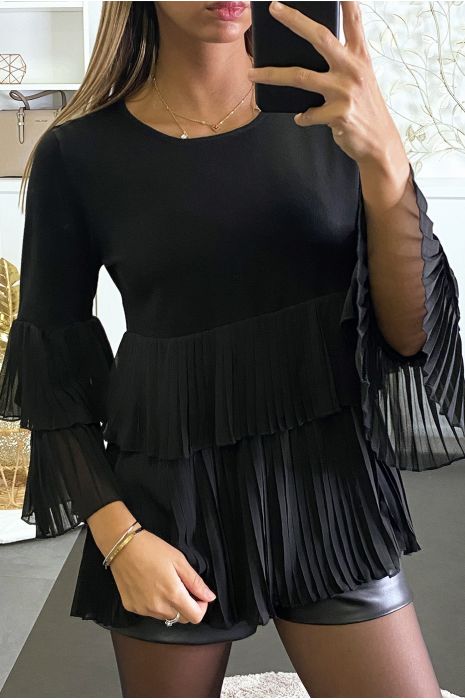 Pull noir bi matière à volant en voilage plissée - 2