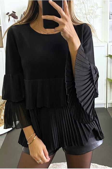 Pull noir bi matière à volant en voilage plissée - 4