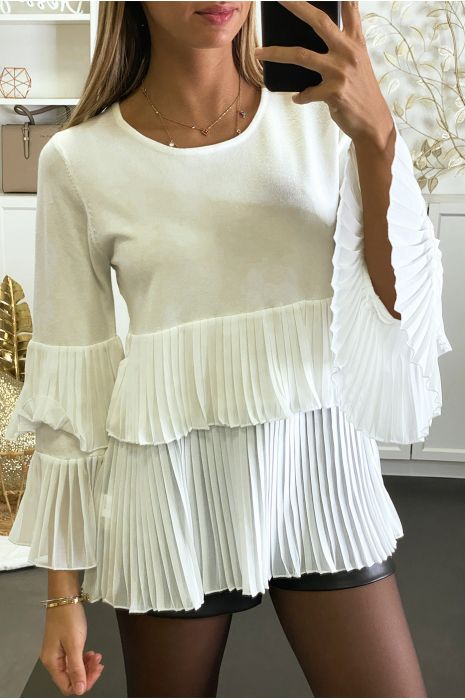 Pull blanc bi matière à volant en voilage plissée - 2