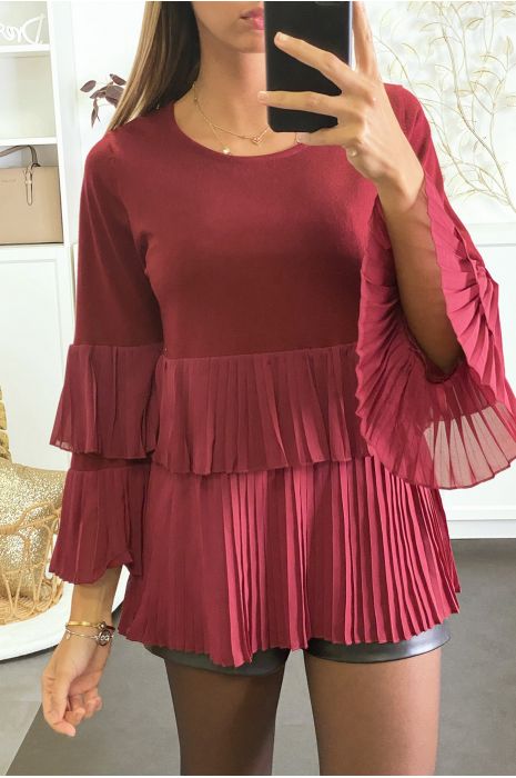 Pull bordeaux bi matière à volant en voilage plissée - 1