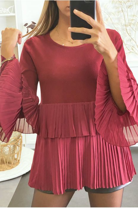 Pull bordeaux bi matière à volant en voilage plissée - 2
