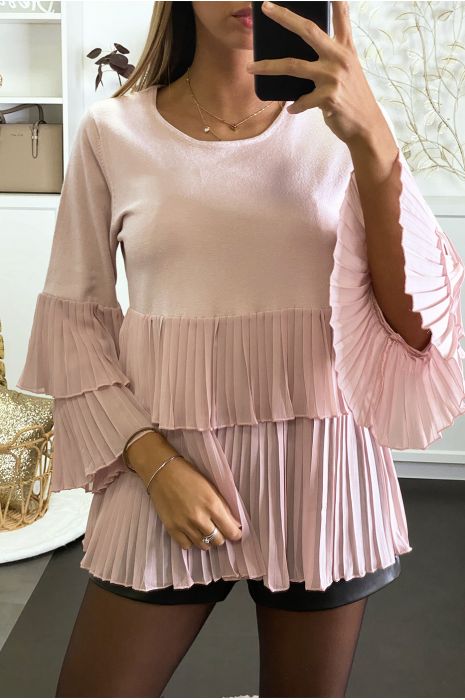 Pull rose bi matière à volant en voilage plissée - 1