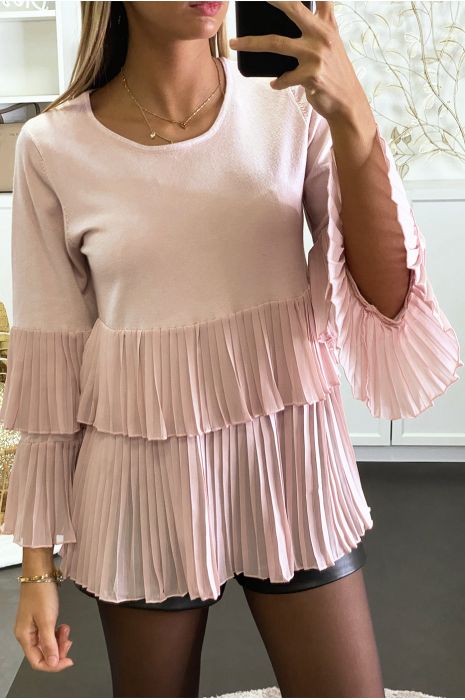 Pull rose bi matière à volant en voilage plissée - 2