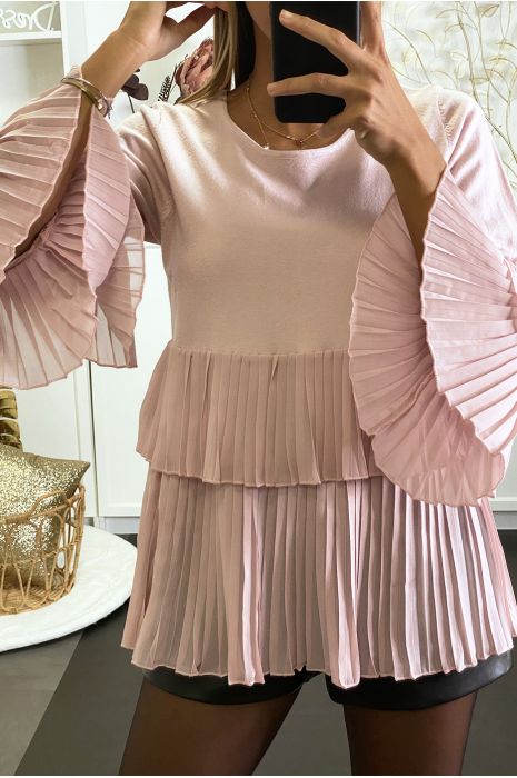 Pull rose bi matière à volant en voilage plissée - 3