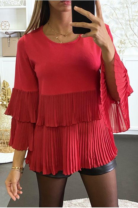 Pull rouge bi matière à volant en voilage plissée - 1