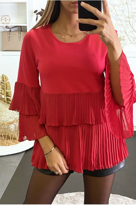 Pull rouge bi matière à volant en voilage plissée - 2