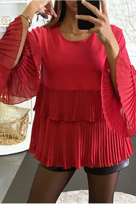 Pull rouge bi matière à volant en voilage plissée - 3